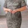 Green Plus Size Camouflage Drawstring Waist T-Shirt Dress