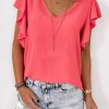 V Neck Ruffle Sleeve Loose Top