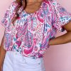 Paisley Pattern Print Puff Sleeve V Neck Blouse