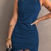 Blue Ruched Arch Hem Round Neck Sleeveless Mini Dress