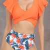 Floral Print High Waist Bikinis With Butterfly Sleeves And Cross Criss Strap