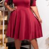 Red Plus Size Ruched Puff Sleeves Fit Flare Midi Dress