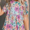 Multicolor Bohemian Flower Print Flowy Short Sleeve Top