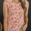 Floral Print Ribbed Knit Tank Top With Frilled Shoulder Detail In Pink