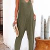 Green Textured Sleeveless V-Neck Pocketed Casual Jumpsuit For Women