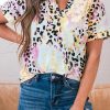 Leopard Dyed Notch V Neck Blouse