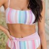 Multicolor Striped Print Tie Strap High Waist Bikini