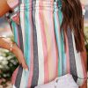 Green Striped Color Block Ruffled O-neck Sleeveless Top