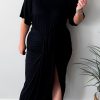 Black Side Split High Waist Short Sleeve Plus Size Maxi Dress