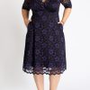 Blue Plus Size Half Sleeve Lined Lace Midi Dress