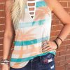 White Coconut Tree Striped Keyhole Neck Tank Top