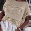 Khaki Crochet Knitted Fringed Short Sleeve Top