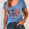 American Flag Cow Head Print V Neck Graphic T Shirt For Women