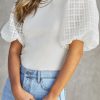 White Checkered Puff Sleeve Ribbed Knit Top - Elegant And Comfy