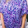 Purple Plus Size Printed Round Neck Bubble Sleeve Blouse