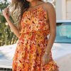 Orange Lace Up Neck Floral Sundress