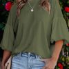 Green Joint Bubble Sleeve Round Neck Blouse - Casual And Fashionable