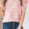 Pink Floral Lace Ruched Bubble Sleeve Top