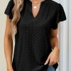 Black Eyelet Lace Textured V Neck Flutter Blouse