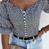 Black Sweetheart Gingham Button Down Cold Shoulder Blouse