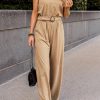 Women's Apricot Sleeveless Knit Jumpsuit With Buckle Sash