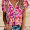 Red Flutter Sleeves Floral Print Top