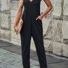 Black Textured Sleeveless V-Neck Pocketed Casual Jumpsuit