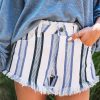 "Raw Hem Distressed Denim Shorts With Navy Accent Stripes"