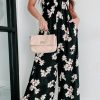 Black Tie Decor V Neck Floral Wide Leg Jumpsuit