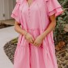 Pink V Neck Layered Ruffled Sleeves Mini Dress