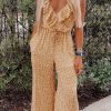 Yellow Leopard Print Drawstring Ruffled V Neck Jumpsuit