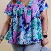 Blue Abstract Floral Print V Neck Plus Blouse