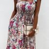 Elegant Floral Midi Dress With Spaghetti Straps And High Waist