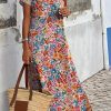 Multicolor Long Floral Print Short Sleeve Holiday Dress