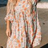 Floral Print Plus Size Dress With Bubble Sleeves And Tie Detail