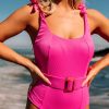 Rosy Solid Color One-Piece Swimsuit With Adjustable Knot Straps And Removable Pads