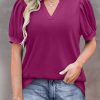 Elegant Purple V-Neck Sheath T-Shirt With Puff Sleeves For Women