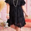 Black Floral Jacquard Flutter Sleeve Plus Size Mini Dress