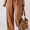 Brown Drawstring Smocked Waist Wide Leg Plus Size Pants