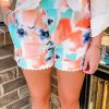 Pink Abstract Water Marbling Print Lace Trim Shorts