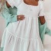 White Smocked Square Neck Textured Mini Dress