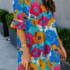 Bold Floral Print Shift Dress With Notch V Neck And Ruffle Details