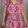 Multicolor Floral Print Tie V Neck Ruffle Mini Dress