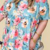 Sky Blue Plus Size Floral Print Short Sleeve Flowy Top