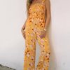 Yellow Floral Print Ruffle Shoulder Smocked Wide Leg Jumpsuit