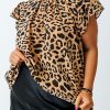 Plus Size Leopard Ruffle Short Sleeve High Neck Blouse