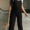 Black Spaghetti Straps Crinkle Henley Jumpsuit