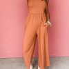 Orange Adjustable Spaghetti Straps Wide Leg Jumpsuit