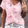 Pink V Neck Floral Print T-shirt