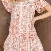 Red Button Front Flutter Sleeve Print Dress With Ruffles